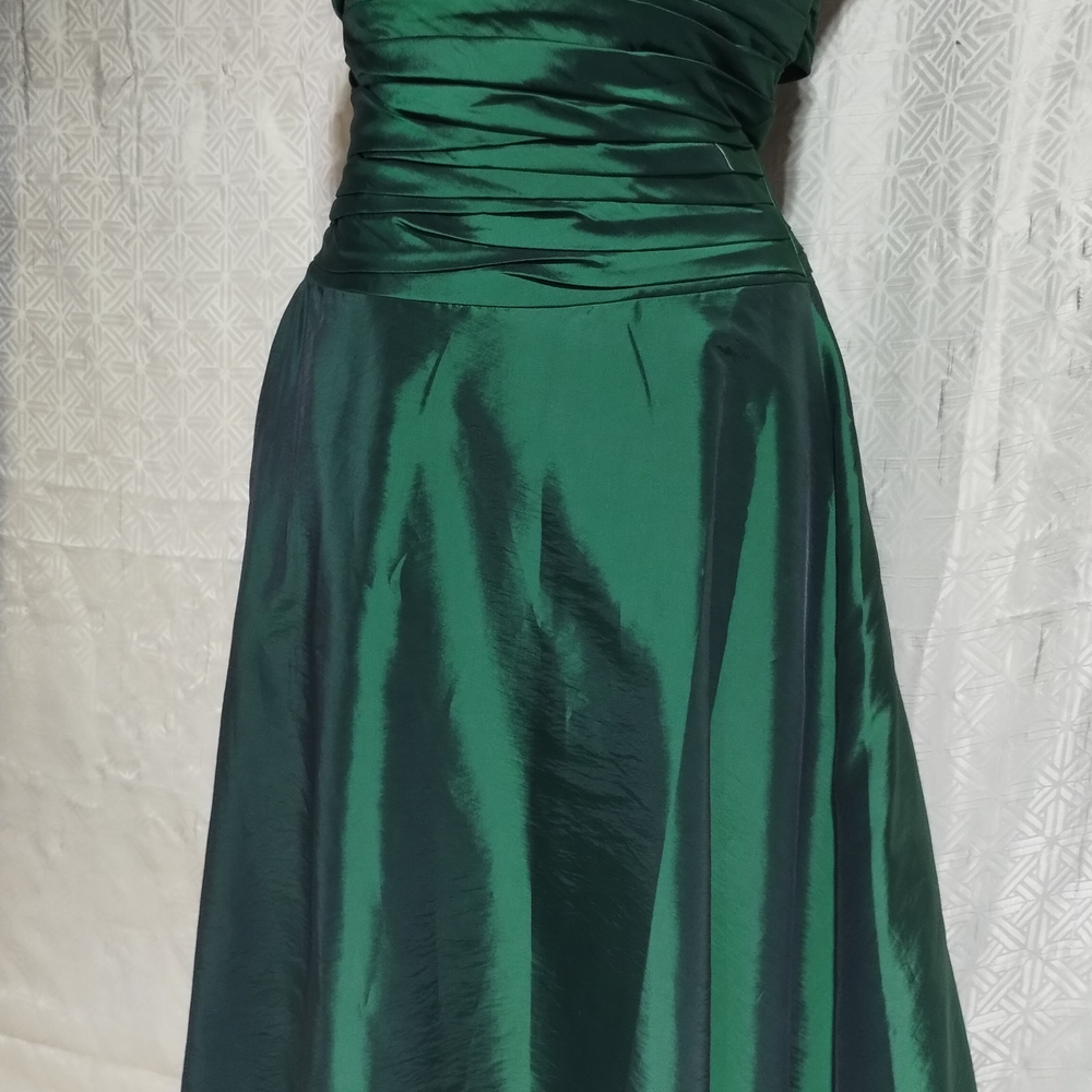 Strapless Emerald Green Taffeta Dress Scrunch Bodice, Bare Back